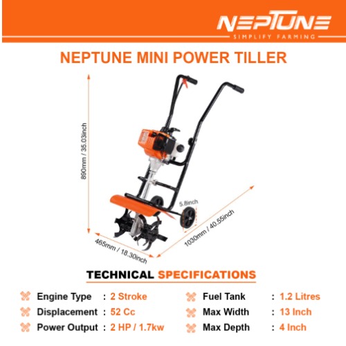 Neptune Mini Tiller with 2 Stroke Advanced Technology 52CC Petrol Engine