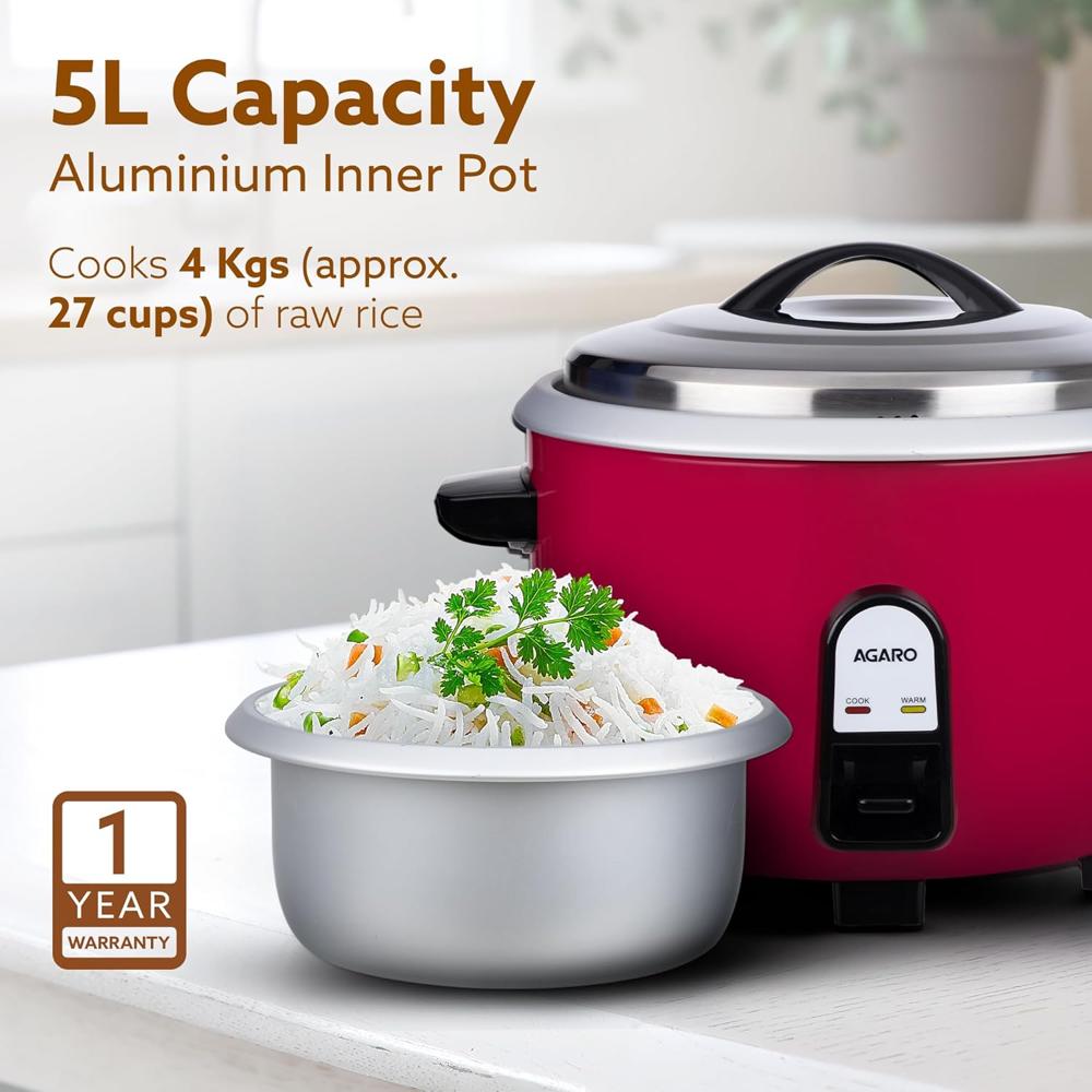 AGARO Regency Electric Rice Cooker, 5 litres, Aluminium Inner Pot, Stainless Steel Lid, 1500W (34280)