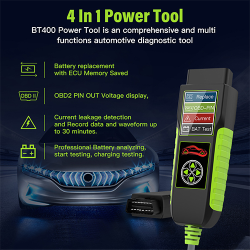 BT400 4-in-1 Automotive Power Tool Battery Replace Memory Saver OBD PIN Breakout Leakage