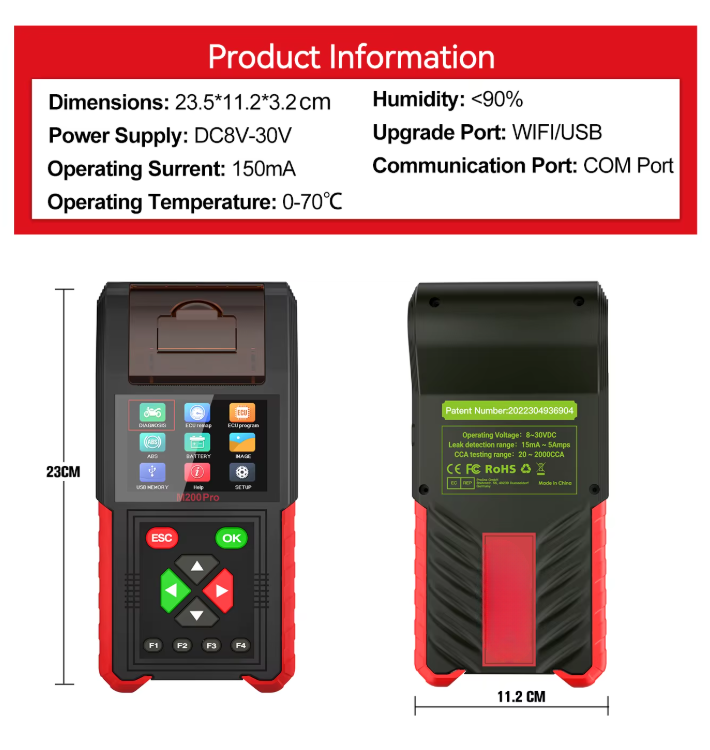 M200 Pro Motorcycle Diagnostic Scanner, Full System, 14+ Brands, Android Touchscreen, WiFi