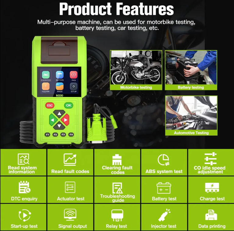 M200 Motorcycle Diagnostic Scanner, Full System OBD-II, 14+ Brands, Touchscreen, Free Update