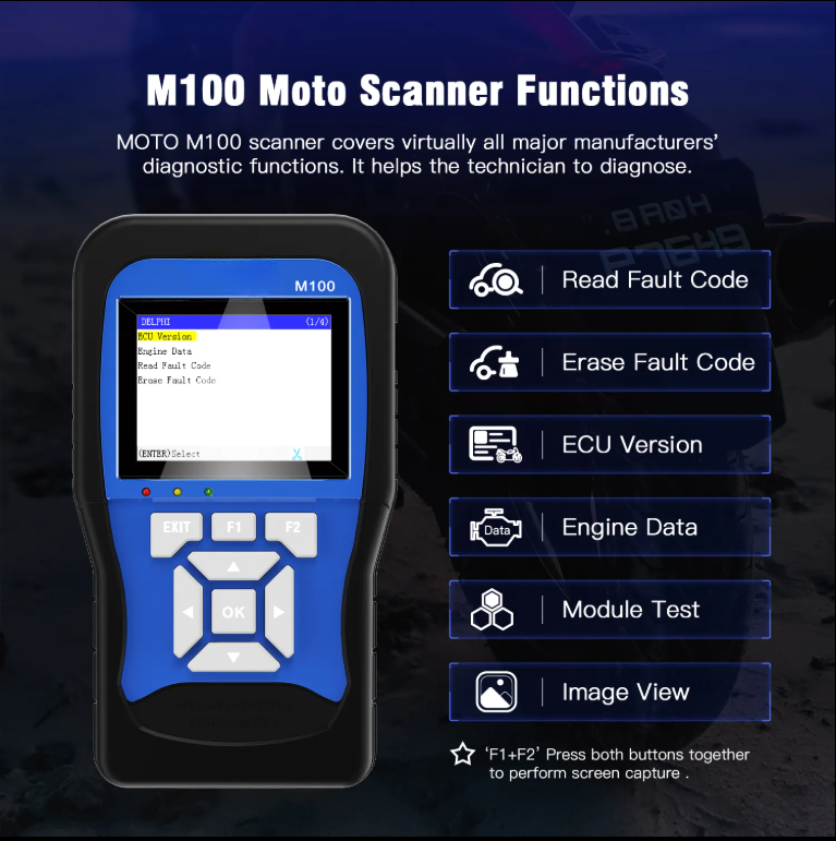M100 2-in-1 Motorcycle Diagnostic Scanner & Battery Tester, 14 Brands, 3.2