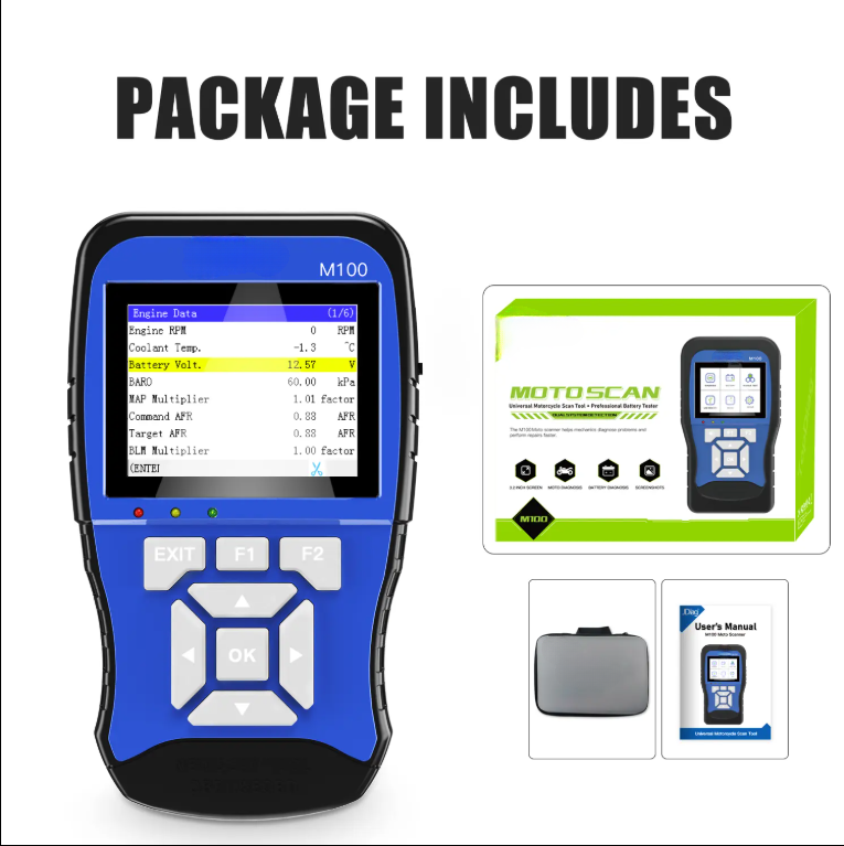 M100 2-in-1 Motorcycle Diagnostic Scanner & Battery Tester, 14 Brands, 3.2