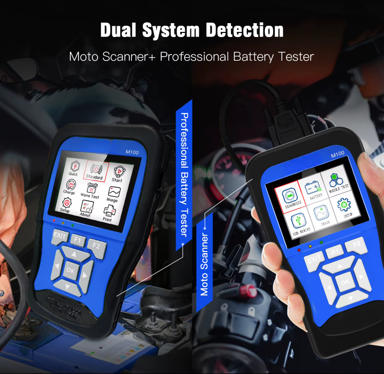 M100 2-in-1 Motorcycle Diagnostic Scanner & Battery Tester, 14 Brands, 3.2