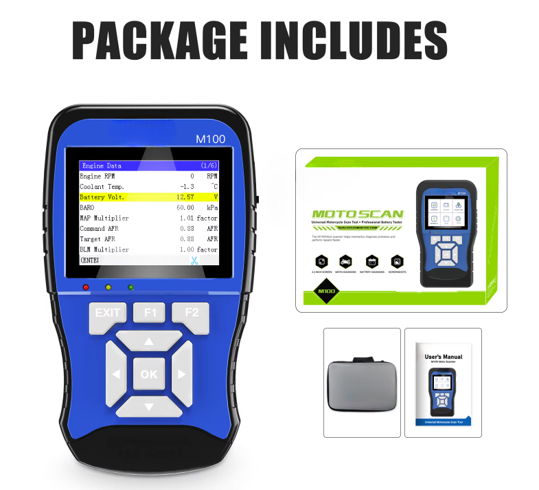 M100 2-in-1 Motorcycle Diagnostic Scanner & Battery Tester, 14 Brands, 3.2