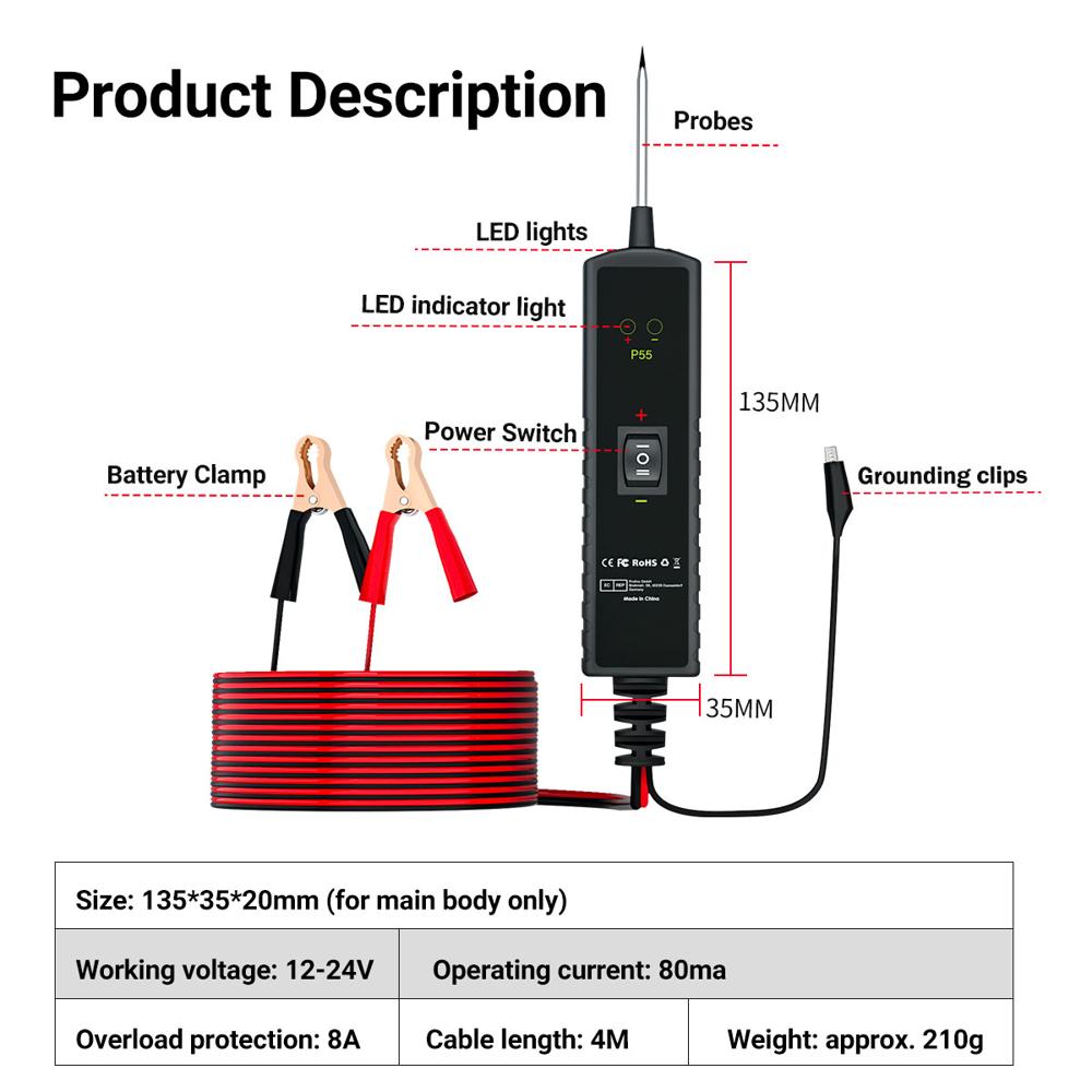 P55 Automotive Circuit Tester 6-24V Continuity Component Activation Ground Short Circuit
