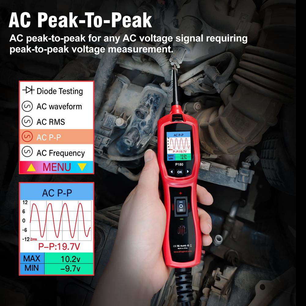 P180 Circuit Tester 217x52x35mm Abs, Black/red - 12v/24v, Oscilloscope, Relay & Injector Test, 18a Circuit Breaker