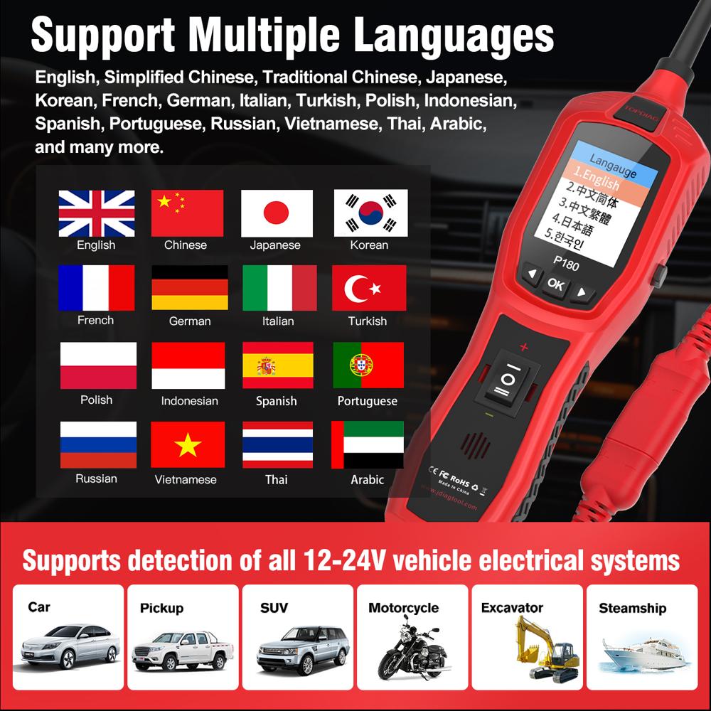 P180 Circuit Tester 217x52x35mm Abs, Black/red - 12v/24v, Oscilloscope, Relay & Injector Test, 18a Circuit Breaker
