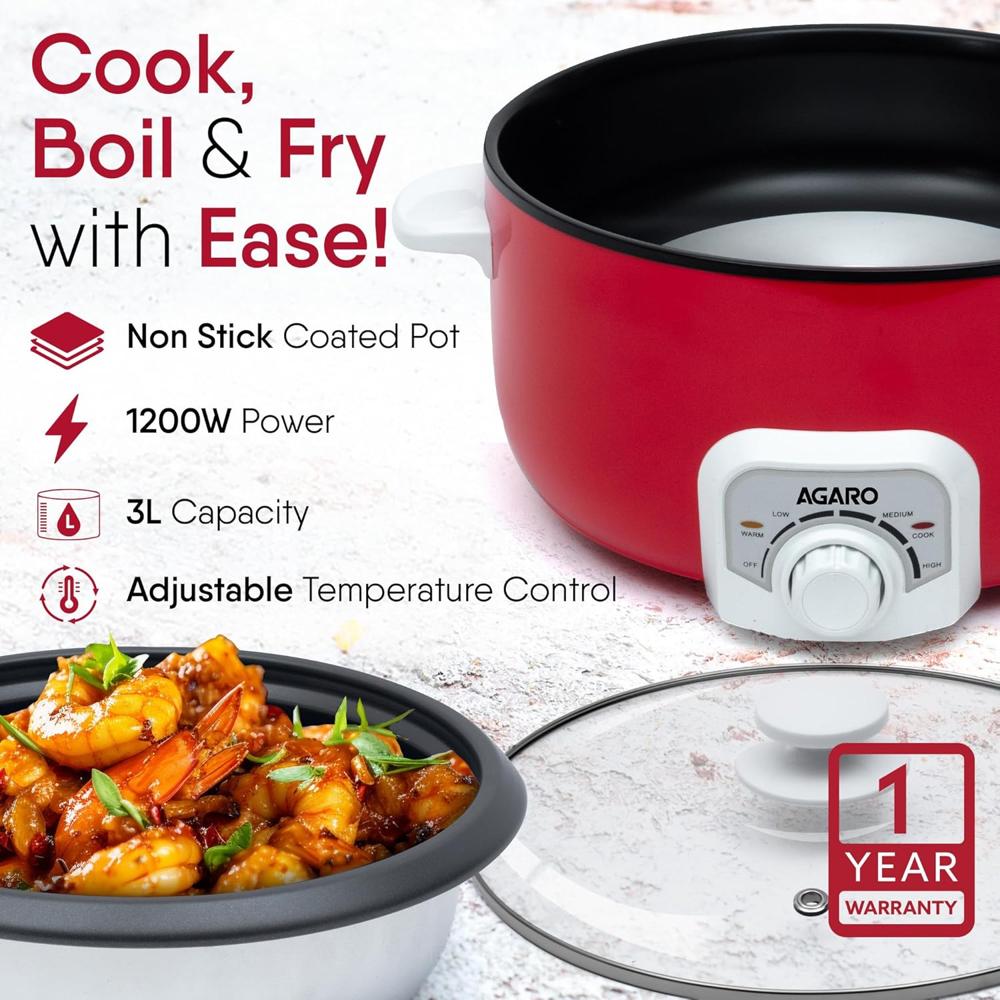 AGARO Regal Electric Multi Cooking Pot, 3L, 1200W, Steamer, Fryer (33959)
