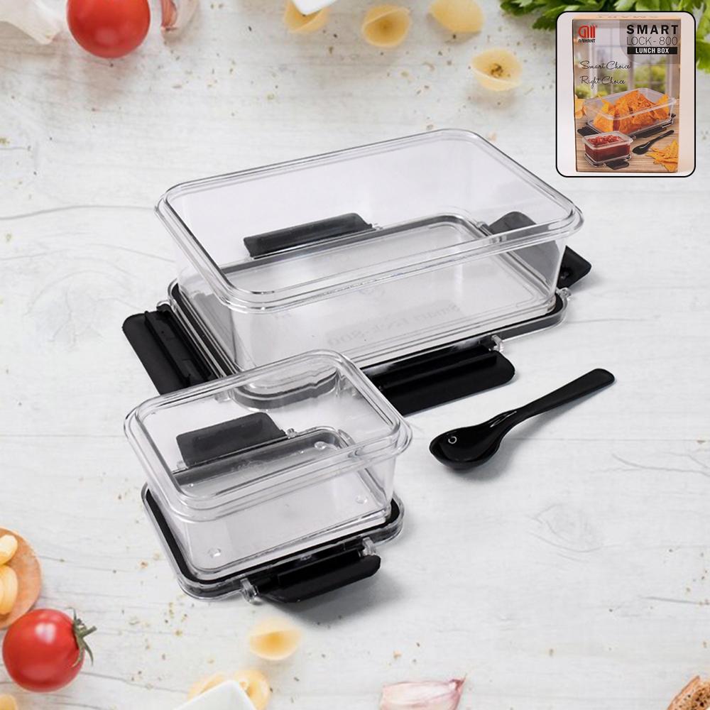 Plastic Kitchen Storage Container Big 800 Ml & Small 250 Ml Air Seal Lock Lid & Spoon - Color: Mix