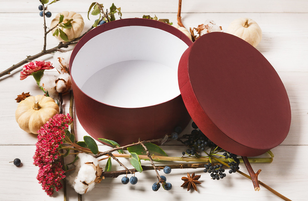 Empty Present Gift Box With Autumn Decorations Flowers
