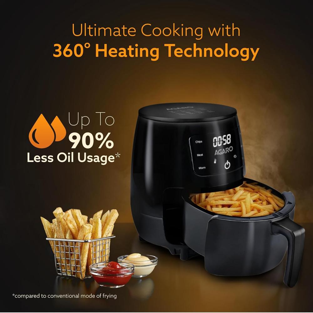 AGARO Alpha Digital Air Fryer For Home, 4.5 Liters, 6 Cooking Options, Electric, Convection Oven, 1400W, 360 Degrees Air Circulation, Digital Display, Keep Warm, Bake, Roast, Toast ( 34299)