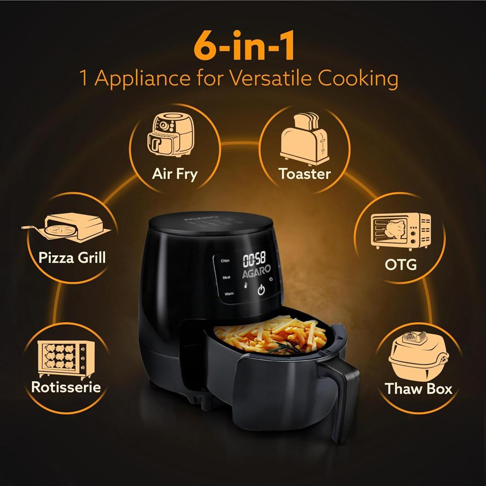 AGARO Alpha Digital Air Fryer For Home, 4.5 Liters, 6 Cooking Options, Electric, Convection Oven, 1400W, 360 Degrees Air Circulation, Digital Display, Keep Warm, Bake, Roast, Toast ( 34299)