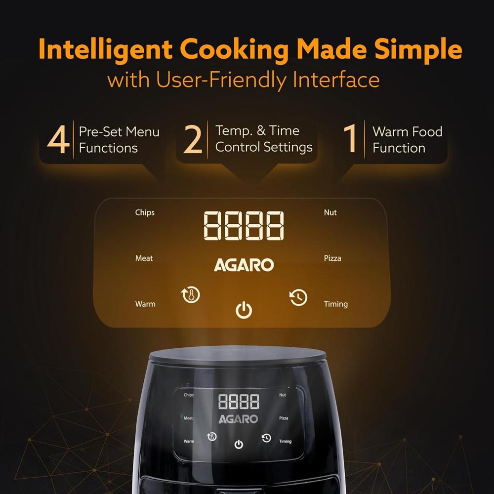 AGARO Alpha Digital Air Fryer For Home, 4.5 Liters, 6 Cooking Options, Electric, Convection Oven, 1400W, 360 Degrees Air Circulation, Digital Display, Keep Warm, Bake, Roast, Toast ( 34299)