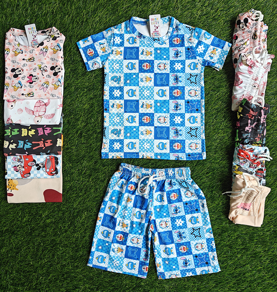 Blue Lycra Kids Printed Nightwear Set