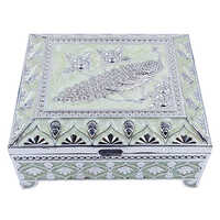 German Silver Green Peacock Enamel Jewellery Box - Shape: Rectangular With Rounded Edges