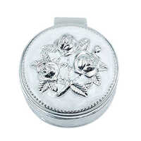 German Silver Round Shape Metal Jewelry Box - Design: Detailed Engraved Floral Pattern On Lid