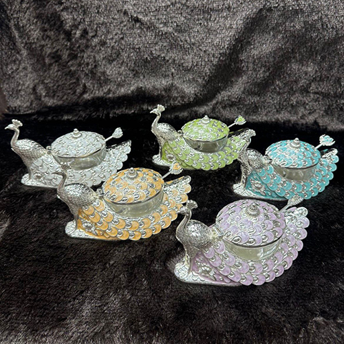 German Silver Peacock Shape Enamel Antique Pot For Mukhwash - Color: Multicolor With Blue