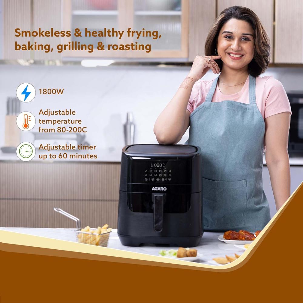 AGARO Elegant Air Fryer, 6.5L, 12 Preset Cooking Modes, 360 Degrees Air Circulation With Variable Temperature Settings, Frying, Grilling, Toasting, Roasting, 1800W (33896)