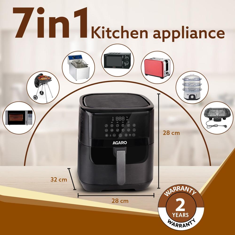 AGARO Elegant Air Fryer, 6.5L, 12 Preset Cooking Modes, 360 Degrees Air Circulation With Variable Temperature Settings, Frying, Grilling, Toasting, Roasting, 1800W (33896)