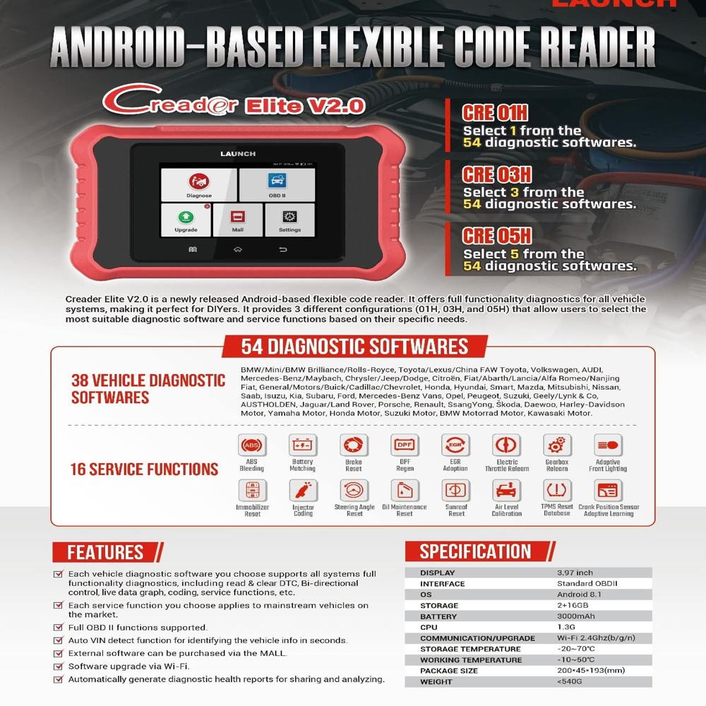 LAUNCH X431 ELITE 2.0 एक उन्नत ऑटोमोटिव डायग्नोस्टिक टूल है जो विभिन्न प्रकार के वाहनों के लिए इस्तेमाल किया जा सकता है। यह पेशेवर उपयोग के लिए बनाया गया है और इसमें शक्तिशाली फिचर्स शामिल हैं।