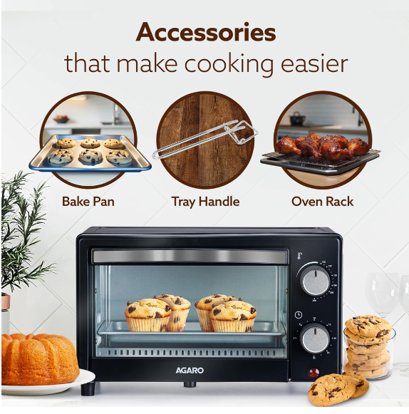 AGARO 9-Litre Oven Toaster Grill (OTG) (Marvel-33266, Bake, Toast, Roast, Grill, Adjustable Temp. & Timer, Ready Bell, Black) 800 W