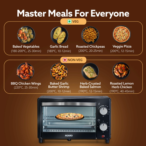 AGARO 9-Litre Oven Toaster Grill (OTG) (Marvel-33266, Bake, Toast, Roast, Grill, Adjustable Temp. & Timer, Ready Bell, Black) 800 W