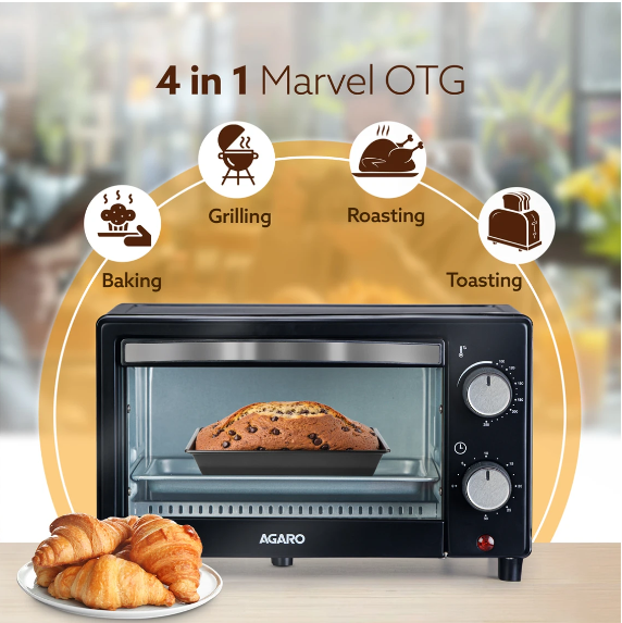 AGARO 9-Litre Oven Toaster Grill (OTG) (Marvel-33266, Bake, Toast, Roast, Grill, Adjustable Temp. & Timer, Ready Bell, Black) 800 W