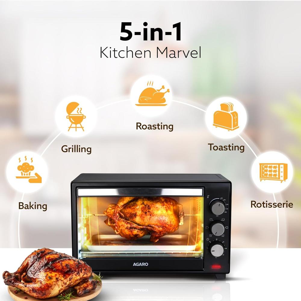 AGARO Marvel 19 Litres Oven Toaster Griller, Motorised Rotisserie, OTG with 5 Heating Modes, Cake Baking(33183)