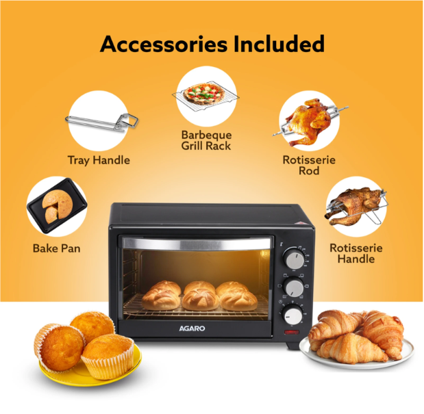 AGARO 25-Litre Marvel-33184, 1600W, 5 Cooking Modes, Bake, Grill, Roast, Toast, Rotisserie (Black)