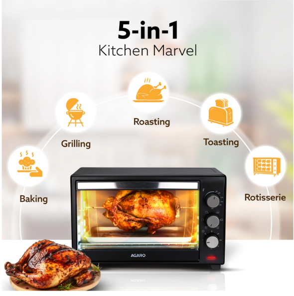 AGARO 25-Litre Marvel-33184, 1600W, 5 Cooking Modes, Bake, Grill, Roast, Toast, Rotisserie (Black)