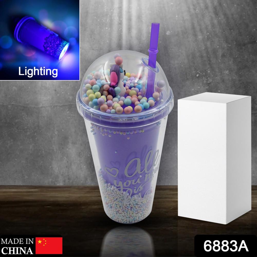 Design Printed Sipper Bottle With Toy, Led Glow Light, Double Wall Sipper Glass Water Bottle , Sipper Bottle With Straw For Girls And Kids For Boys And Girls School/Tuition/Gym (Pack Of 1) - Color: Mix