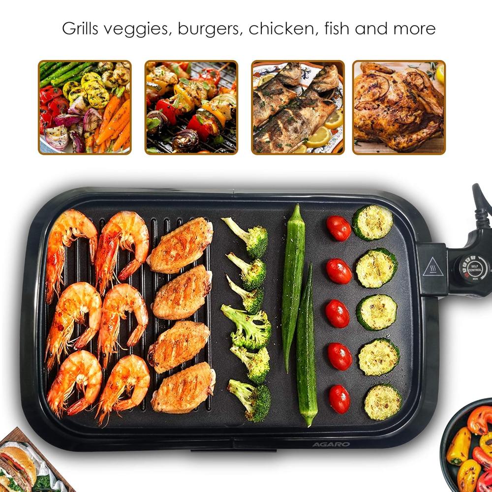 AGARO 1600 Watt Barbeque Griller, Non-Stick, Variable Temperature Control, Toughened Glass Lid (33435)