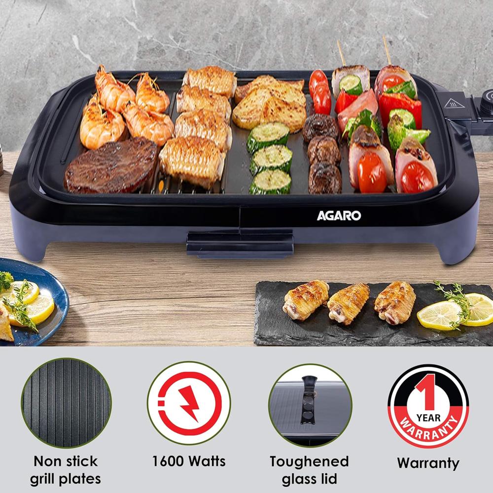 AGARO 1600 Watt Barbeque Griller, Non-Stick, Variable Temperature Control, Toughened Glass Lid (33435)