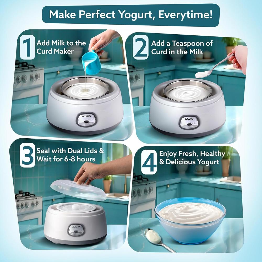 AGARO Classic Portable Yogurt Maker Machine for Home, 1.2L, Electric Probiotic Curd Maker with Auto (33603)