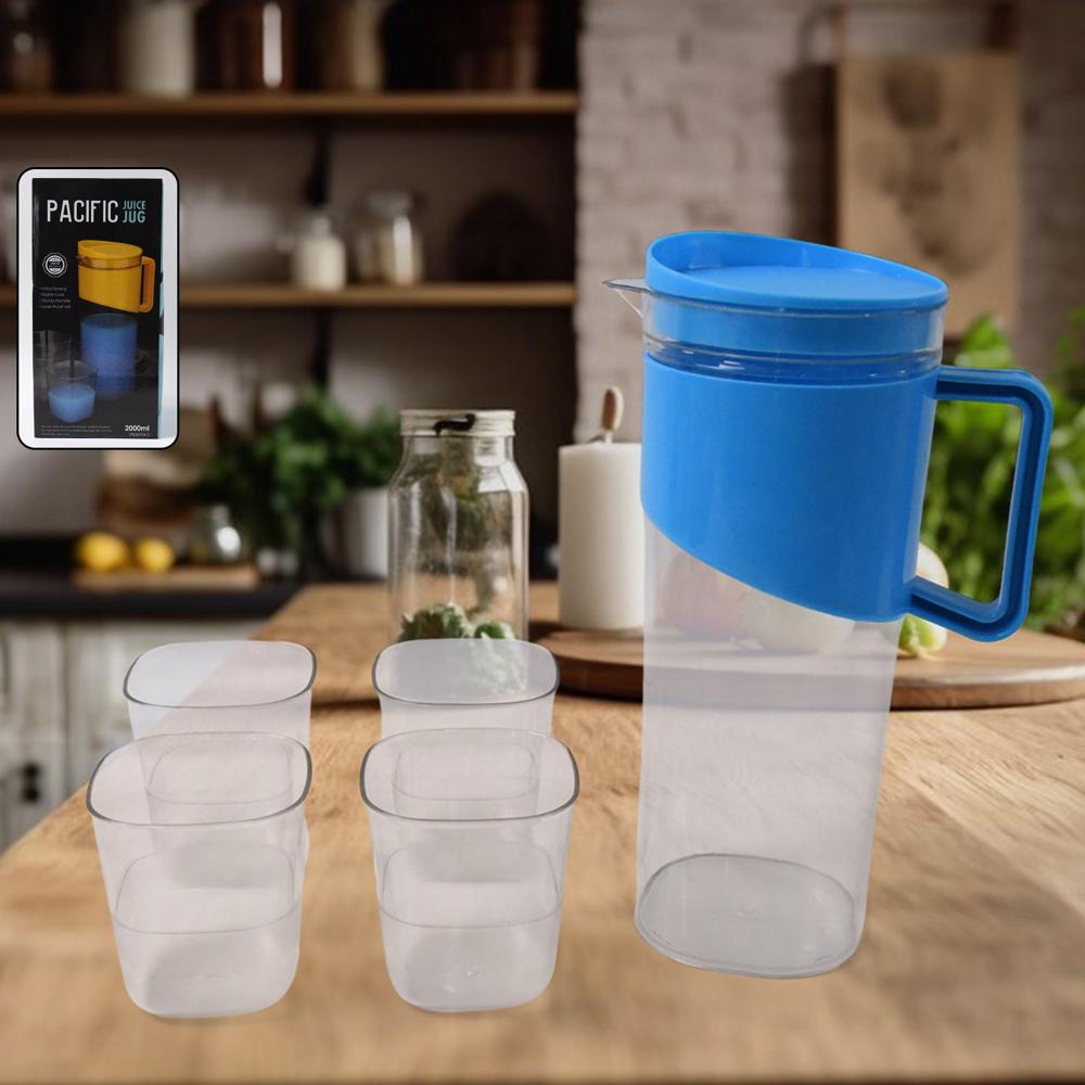 Transparent Premium Jug With Elegant Handle & 4 Plastic Glasses (2000 Ml Approx) - Color: Mix