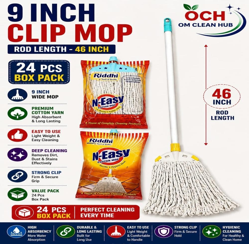 9 Inch Clip Mop - Cotton and Plastic, White and Blue | Ergonomic Non-Slip Handle, Lightweight, Replaceable Clip-On Head