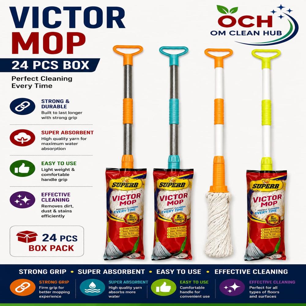 Victor Mop - Plastic Body with Microfiber Head, 120 cm Handle, Blue and White | 360-Degree Swivel, Manual Press, Washable Pads