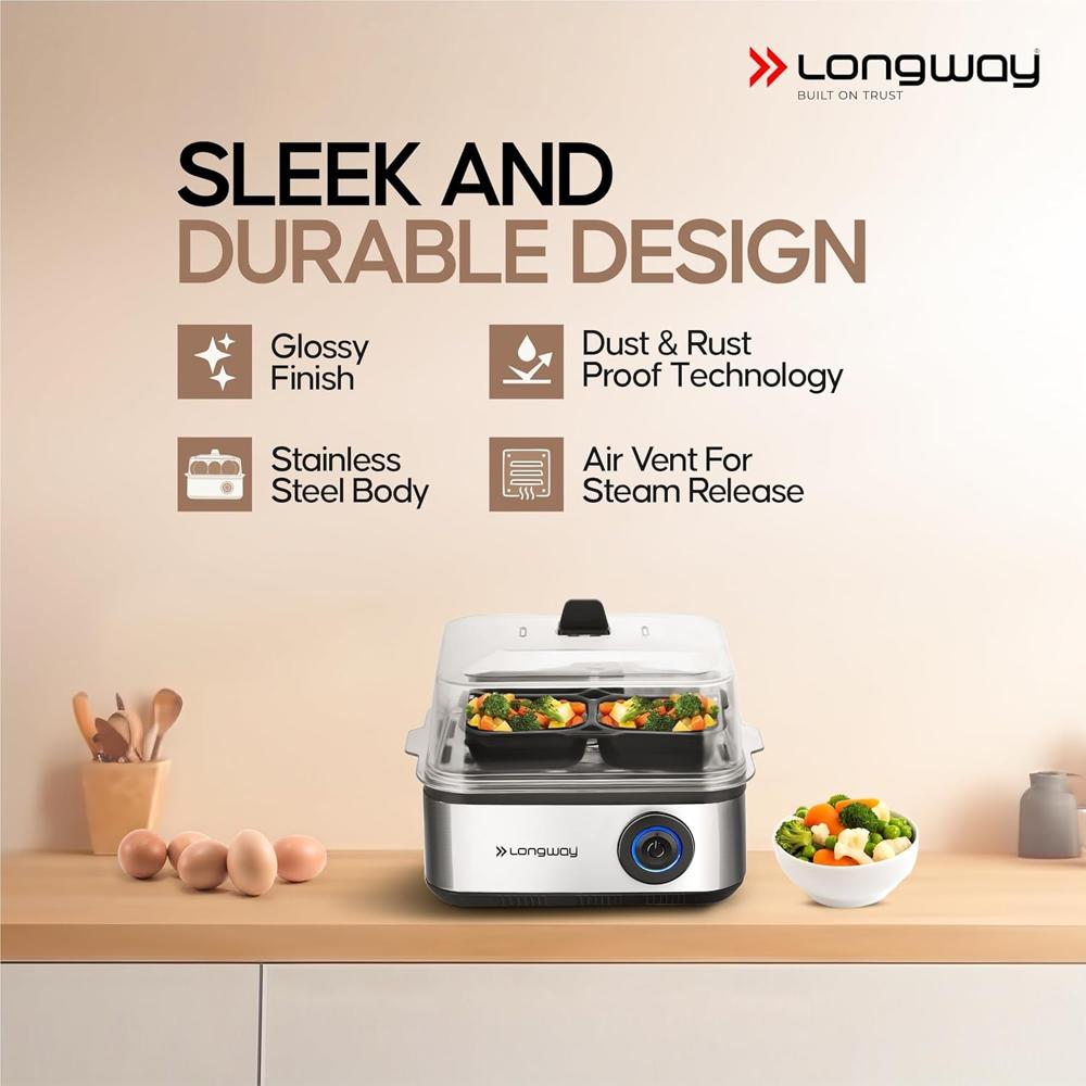 Longway LWEB04 500 Watt Stainless Steel Egg Boiler/Cooker for Steaming, Cooking & Boiling (Silver, 4 Eggs) 33761