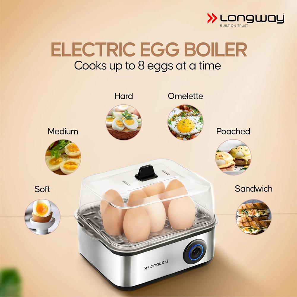 Longway LWEB04 500 Watt Stainless Steel Egg Boiler/Cooker for Steaming, Cooking & Boiling (Silver, 4 Eggs) 33761
