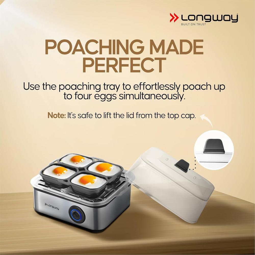 Longway LWEB04 500 Watt Stainless Steel Egg Boiler/Cooker for Steaming, Cooking & Boiling (Silver, 4 Eggs) 33761