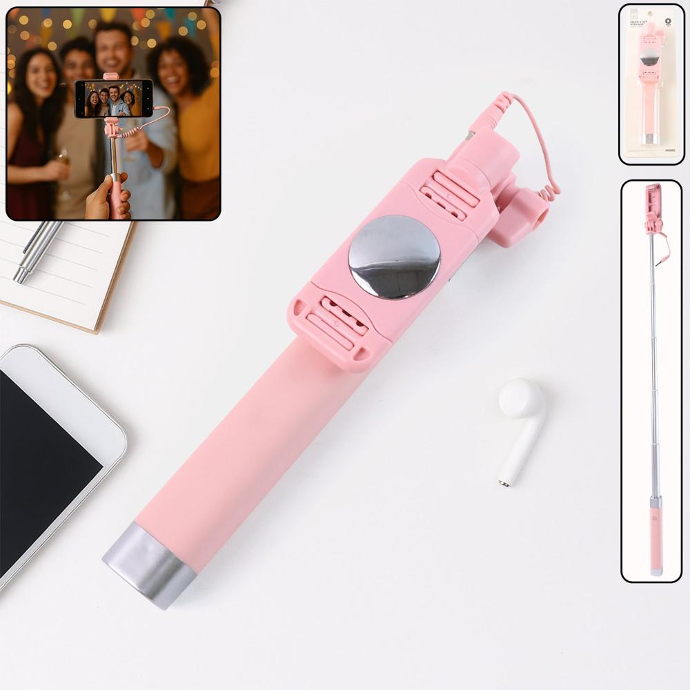 Wired Selfie Stick With Rearview Mirror & Built-In Shutter Button (1 Pc) - Color: Mix