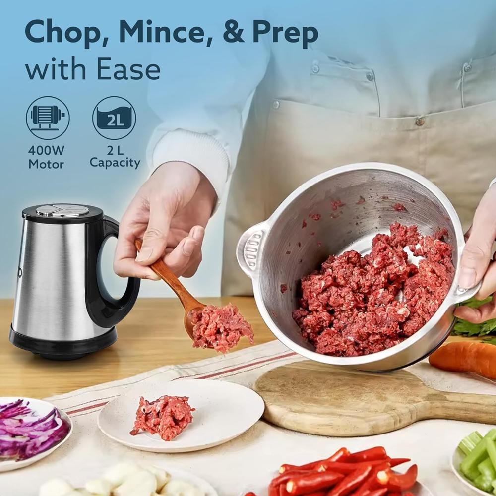 AGARO Delite Vegetable & Meat Chopper for Kitchen, Garlic Peeler, Egg Whisker, 2L Bowl, 400W Motor (34228)