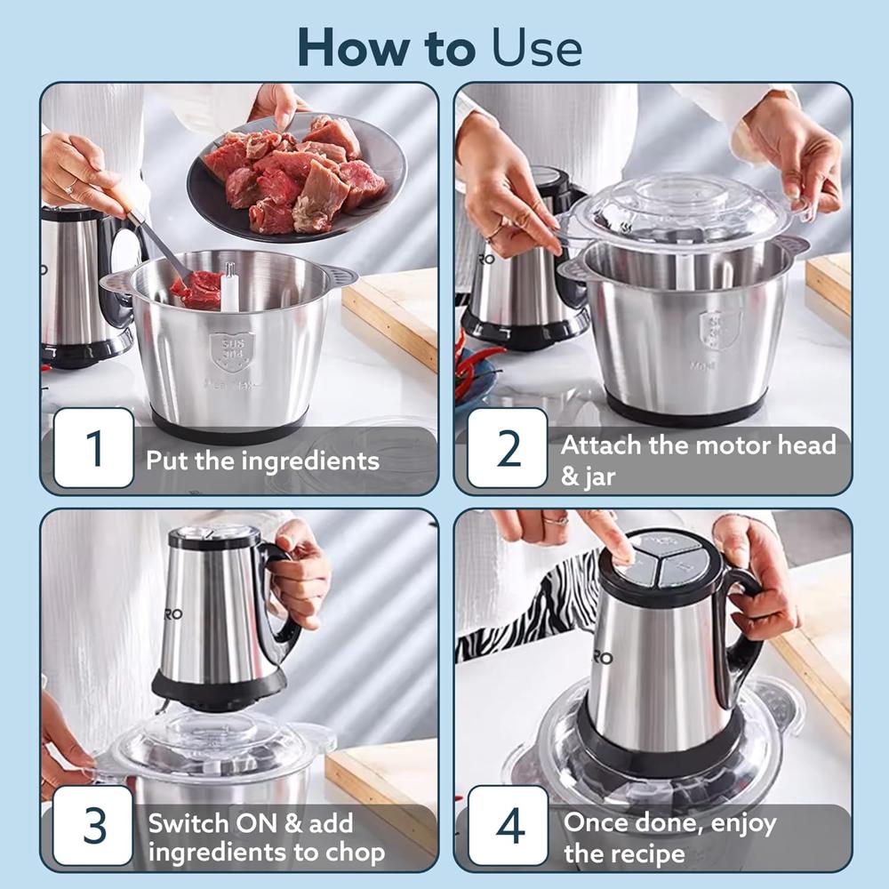 AGARO Delite Vegetable & Meat Chopper for Kitchen, Garlic Peeler, Egg Whisker, 2L Bowl, 400W Motor (34228)