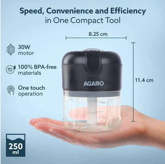 AGARO Elite Rechargeable Mini Electric Chopper, 250 Ml, One Touch Operation Electric Vegetable & Fruit Chopper 1 Vegetable Chopper 800 W (34036)