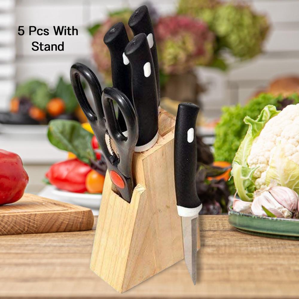 Kitchen Knife Set With Wooden Block And Scissors Chhari (5 Pcs Black) - Color: Mix
