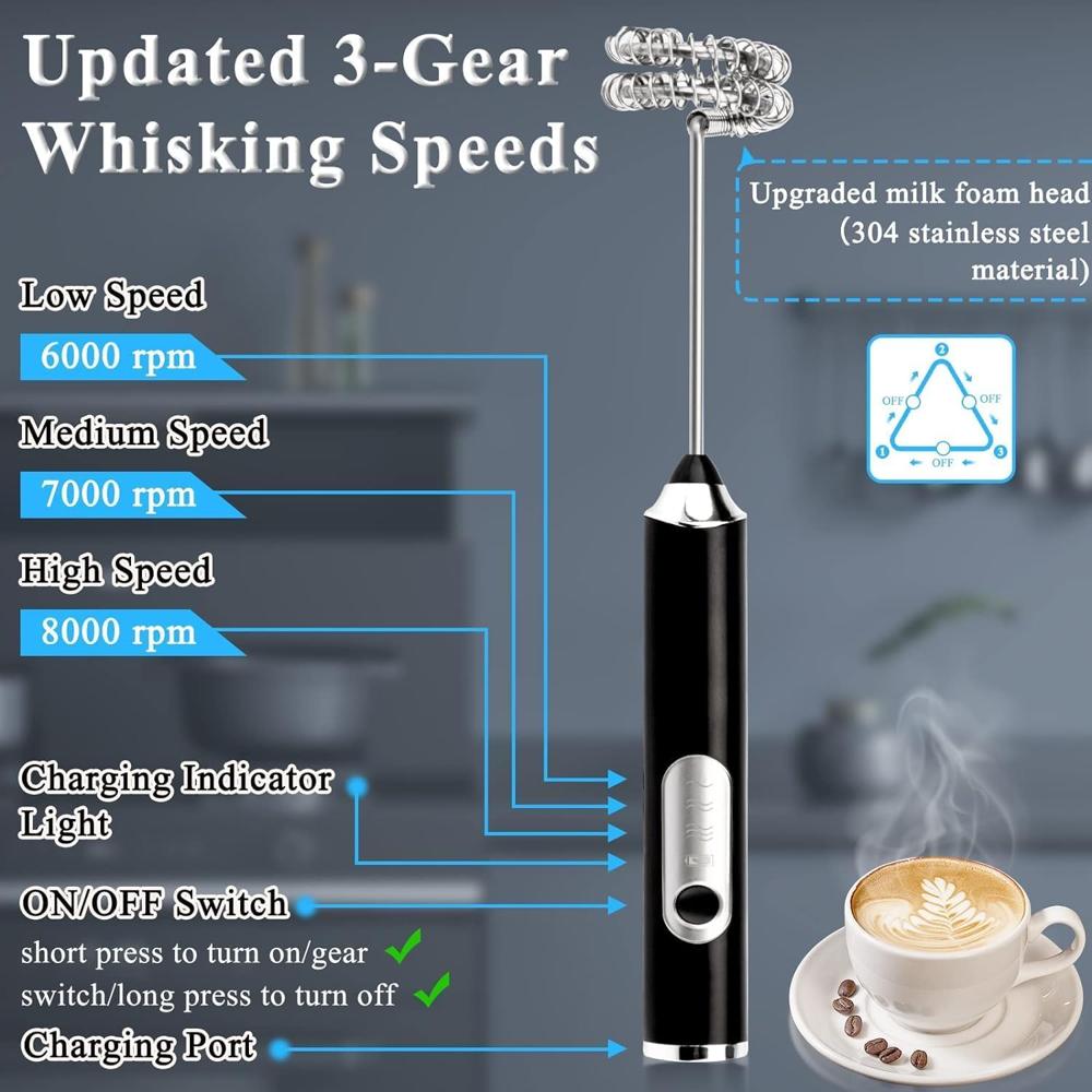 Rechargeable Handheld Milk Frother - 3-Speed Electric Foam Maker for Coffee with 2 Whisks and Coffee Decoration Tool, ( 34052)