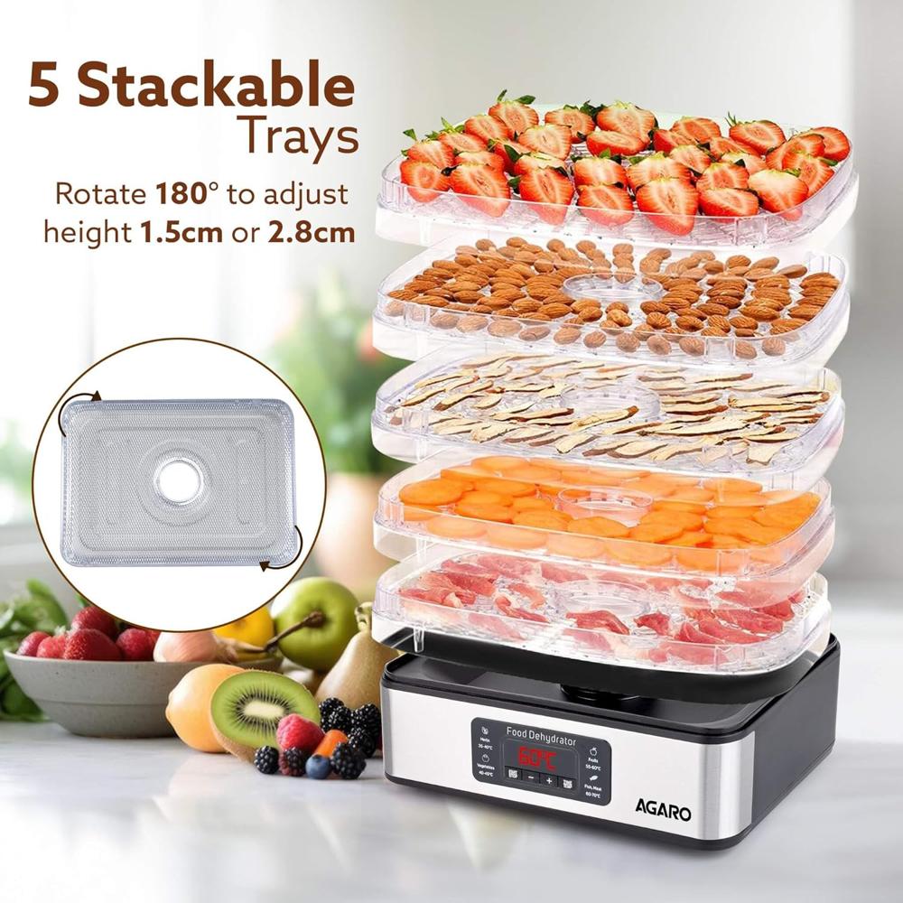 AGARO Regal Food Dehydrator, 5 Stackable Stainless Steel Trays, Digital Adjustable Timer  (34061)