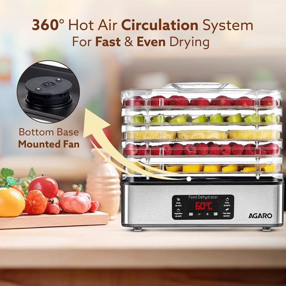 AGARO Regal Food Dehydrator, 5 Stackable Stainless Steel Trays, Digital Adjustable Timer  (34061)