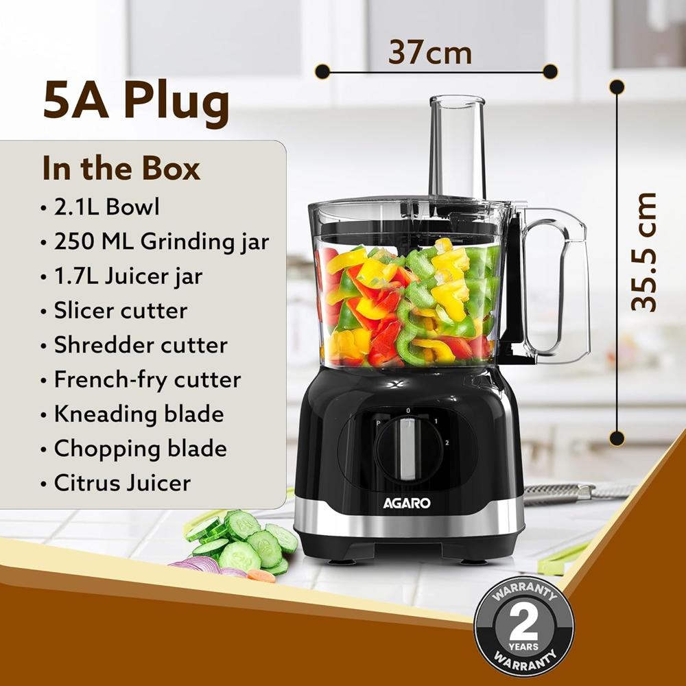 AGARO Grand Food Processor, Multi-functional Chopper, Grinder, Slicer, Shredder, Blender, 1000W (34138)